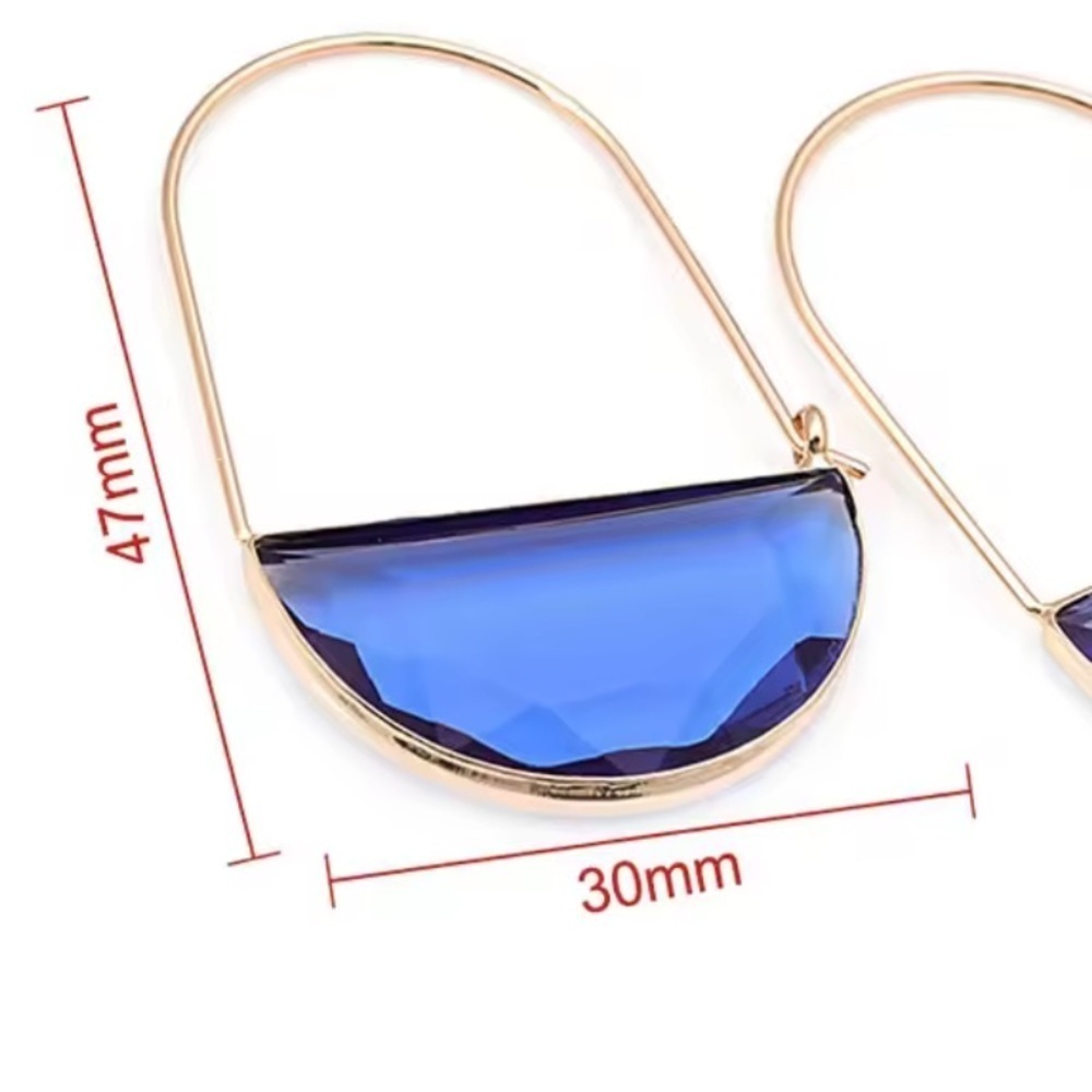 Navy Blue Glass Crescent Hoop Gold Earrings - Picture 3 of 3